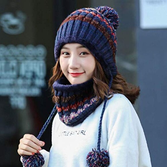 Women\'s Fleece-Lined Beanie Scarf Set with Pompoms & Ear Flaps